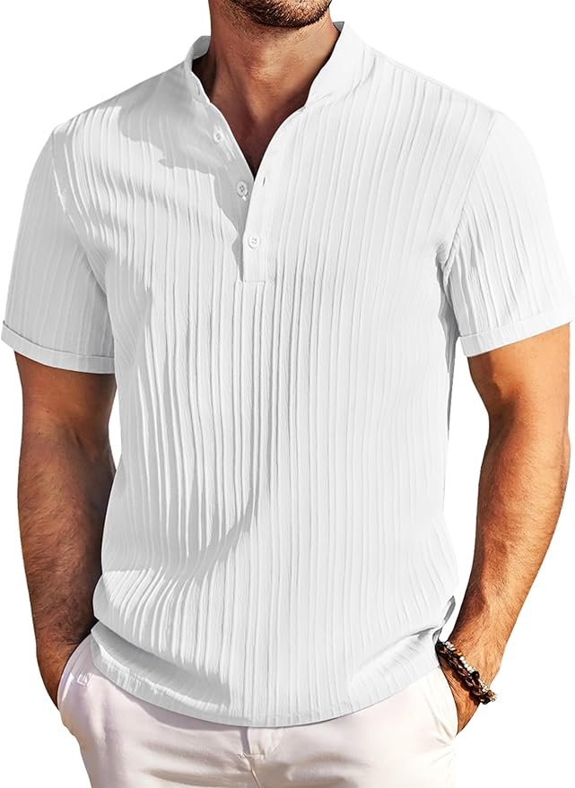 COOFANDY Men Casual Henley Tee Shirt Short Sleeve Band Collar Summer Beach Textured T-shirt - Image 4